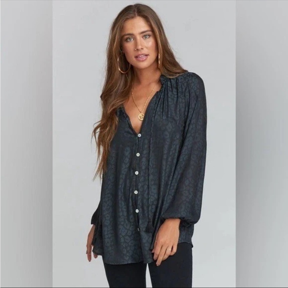Show Me Your MuMu Alicia Tunic Satin Black Grey Cheetah Print Button Up Top